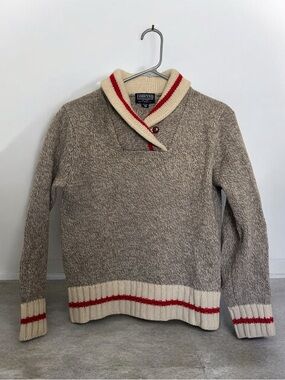 Lands' End Women’s Taupe Shawl Collar Sweater with Cream and Red Trim Size M